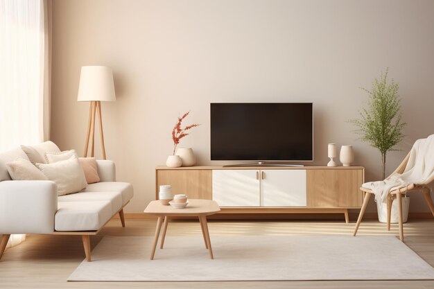 Television put on wood table background white wall