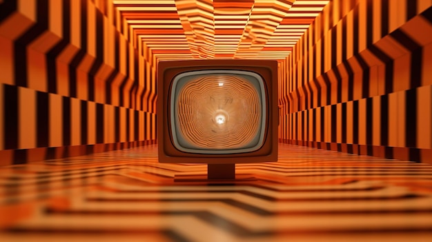A television in a room with orange and black striped walls Generative AI Art
