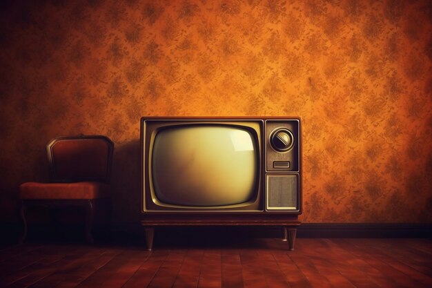 A television set is sitting in a room with a chair and a chair.