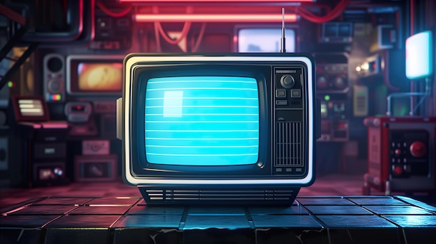 Photo a television set sitting on a table in the style of retro visuals vintage aesthetics