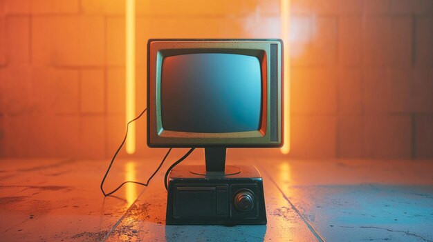 A Television set sitting on a table in the style of retro visuals vintage aesthetics