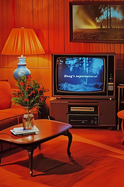 A Television set sitting on a table in the style of retro visuals vintage aesthetics