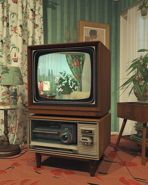 A Television set sitting on a table in the style of retro visuals vintage aesthetics