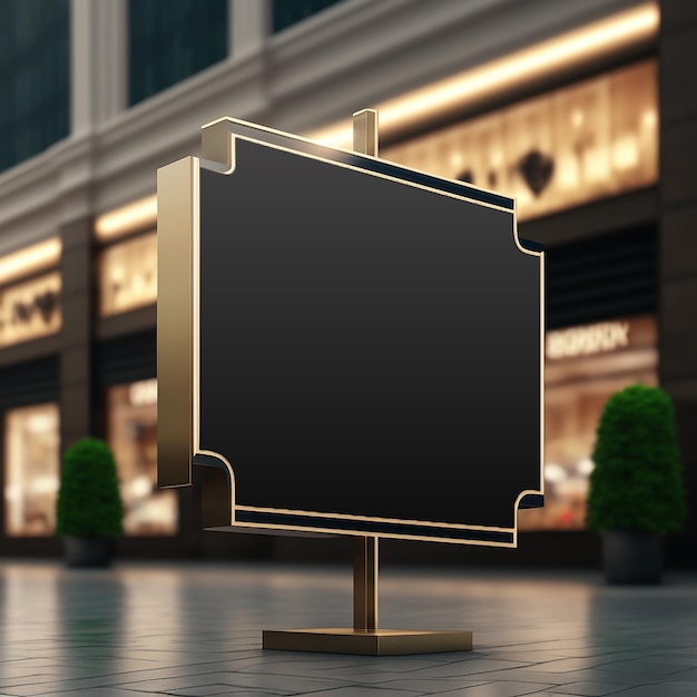 a television stand with a gold frame is in front of a storefront.