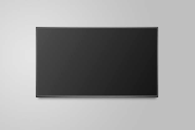 Televisione sul muro bianco, tv 4k schermo piatto lcd o oled, illustrazione realistica al plasma, modello di monitor hd in bianco nero.