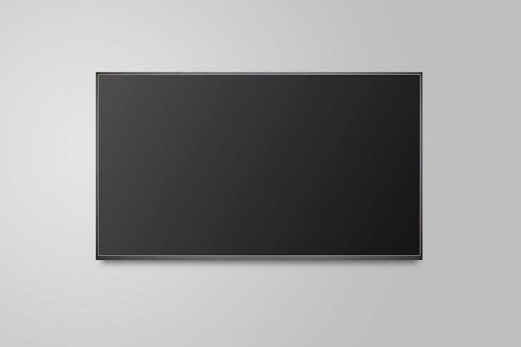 Photo television on white wall, tv 4k flat screen lcd or oled, plasma realistic illustration, black blank hd monitor mockup.