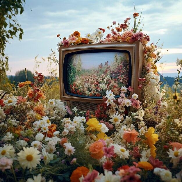 television with flowers