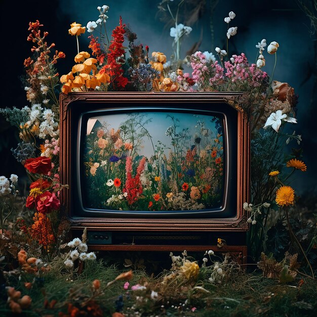 television with flowers