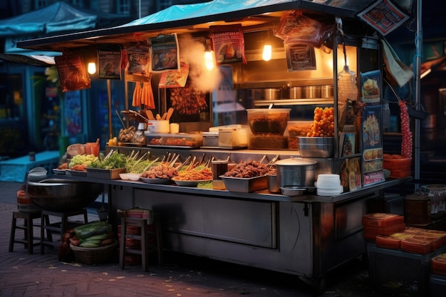 Teller met weg te nemen straat eten op de straten van de nacht stad