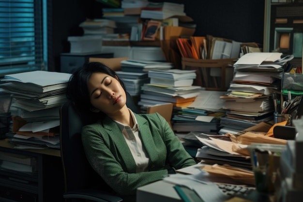 仕事に夢中な女性マネージャーが 机で昼寝をしている写真です 仕事に夢中な女性マネージャーの写真です