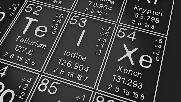 Foto tellurio iodio xenone sulla tabella periodica degli elementi su terra nera storia degli elementi chimici rappresenta il numero atomico e il simbolo rendering3d