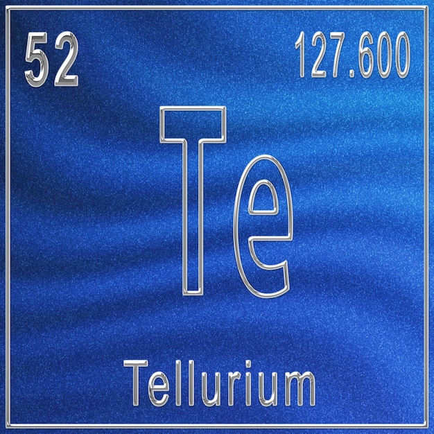 Tellurium scheikundig element, bord met atoomnummer en atoomgewicht, periodiek systeemelement