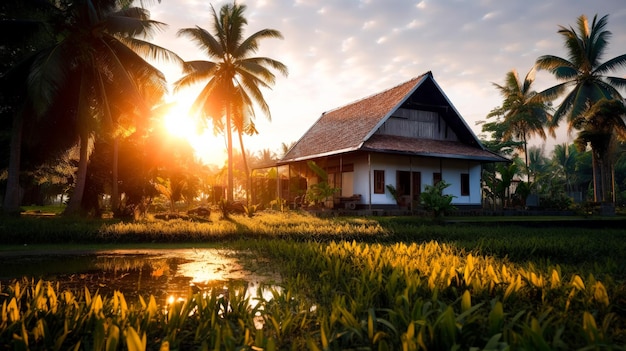 Temidden van de gele rijstvelden van Noordoost-Thailand stond een klein huis gebouwd van lokaal geproduceerde materialen Generative AI