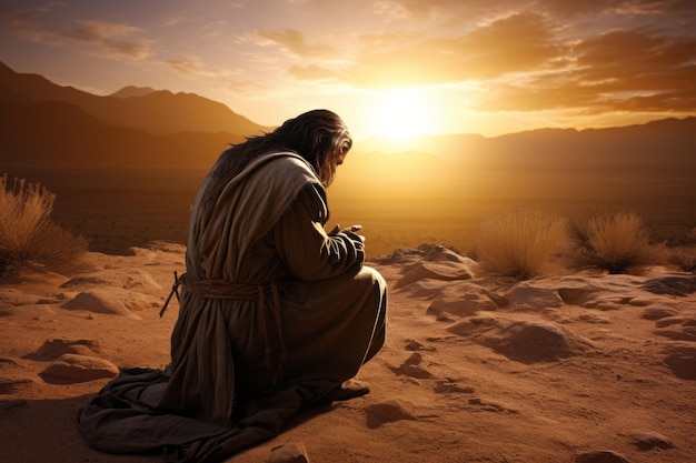 Temidden van de rust van de woestijn bidt Jezus bij zonsondergang Een diepgaande scène Generatieve AI