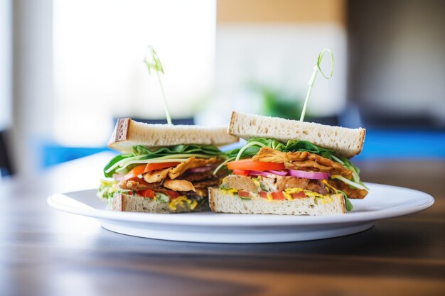 Tempeh club sandwich with vegan bacon and mayo