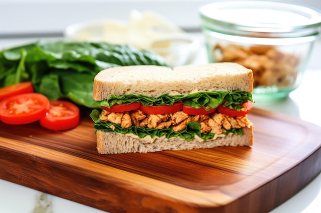 Tempeh sandwich with lettuce and tomato on a glass dish