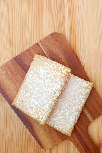 Tempeh or Tempe made from fermented soybeans  Source of high plantbased protein and fiber