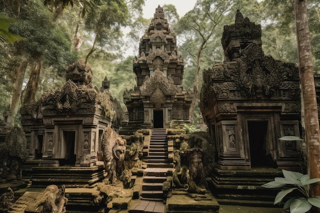 Tempel met ingewikkeld houtsnijwerk en godenbeelden omgeven door weelderig groen