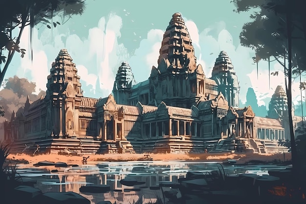 Tempel van Angkor Wat in oude digitale de kunstillustratie van Kambodja