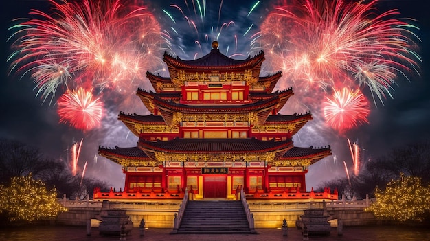 Tempel verlicht door Chinees Nieuwjaar vuurwerk