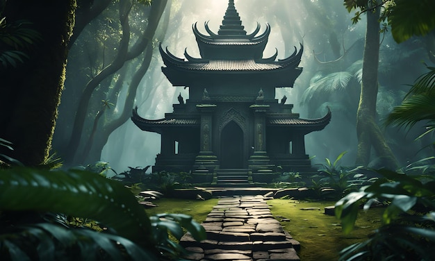 Tempel verloren in het jungle landschap behang