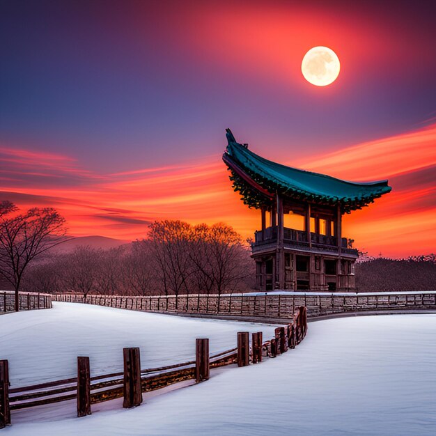 tempelbergen zonsopgang pagode mist dennenbomen traditionele architectuur Azië rust