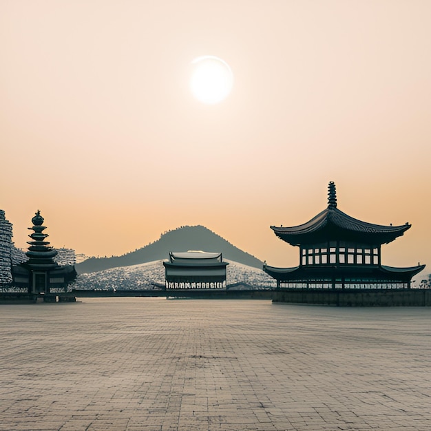 tempelbergen zonsopgang pagode mist dennenbomen traditionele architectuur Azië rust