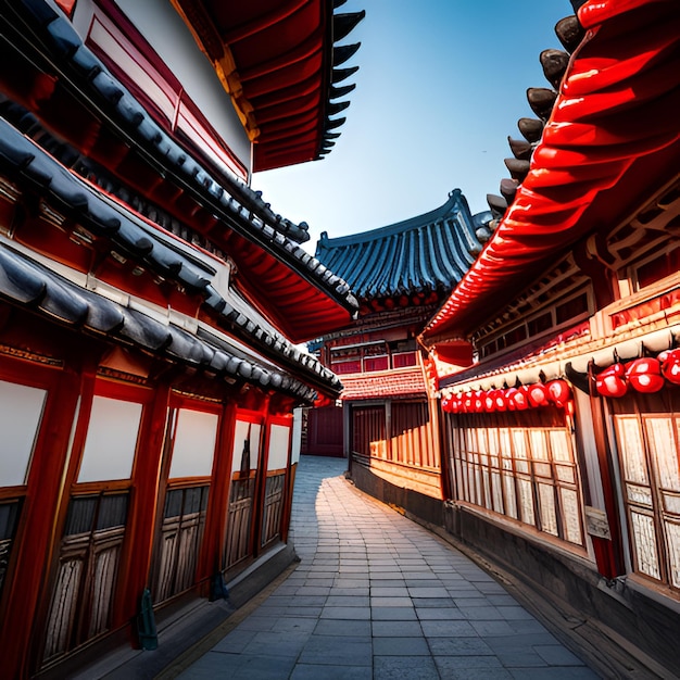 tempelbergen zonsopgang pagode mist dennenbomen traditionele architectuur Azië rust