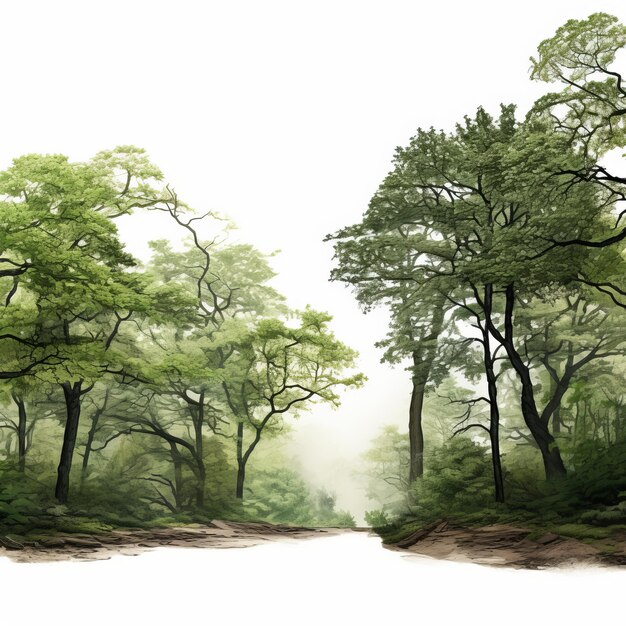 Photo temperate deciduous forest digital painting with mist and trees