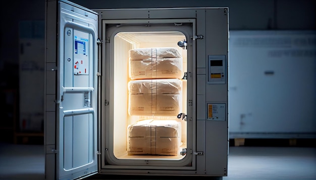 加工工場の温度管理された無菌室に積み上げられたダンボールのパッケージと輸出品が陳列されている Generative AI