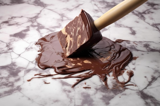 Tempered chocolate being scraped off the marble surface with a spatula
