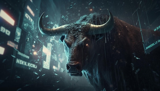 嵐のような暴落 株式市場の暴落中の猛烈な雄牛の神秘的なイメージ