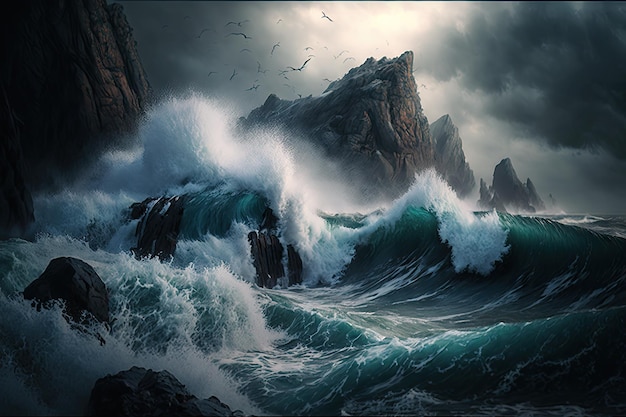 Tempestuous ocean with waves crashing against jagged rocks and cliffs