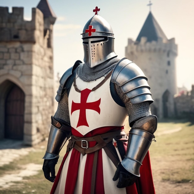 写真 templar knight wearing an armor with a red christian cross on it