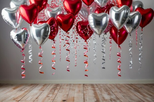 Template for a banner airy red and white balloons in the shape of a heart hang above