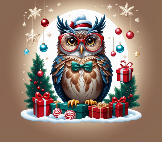 Photo template christmas card funny owl in glasses on background of gifts and christmas tree balls