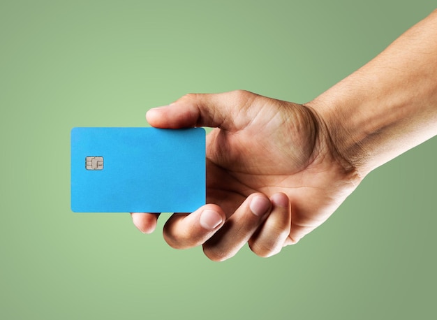 Photo template of credit card in the man's hand.