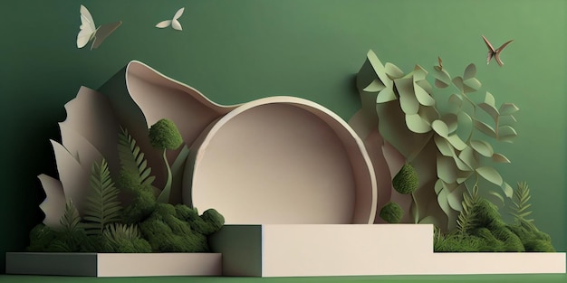 Template design podium platform with geometric shapes and nature background paper illustration AI Generated