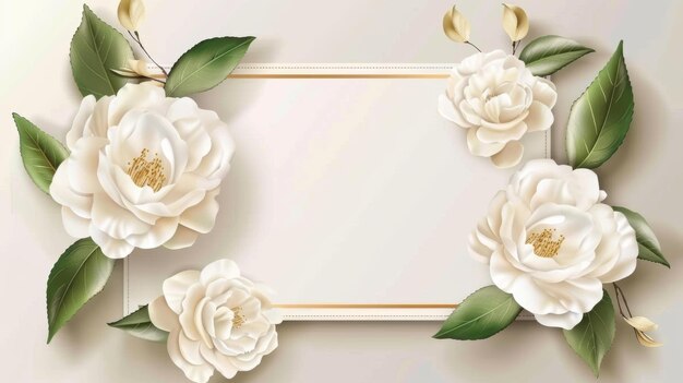 Photo template design for wedding invitation cards with white semidouble camellias and leaves