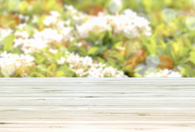 Template empty top table view with white flower and green leaf blur effect background