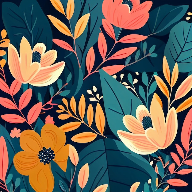 Template in flat style flowers and leaves Generative AI