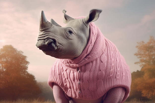 Foto modello di collage di foto generativo ai di grandi rinoceronti pericolosi che indossano un maglione lavorato a maglia rosa nell'habitat africano naturale