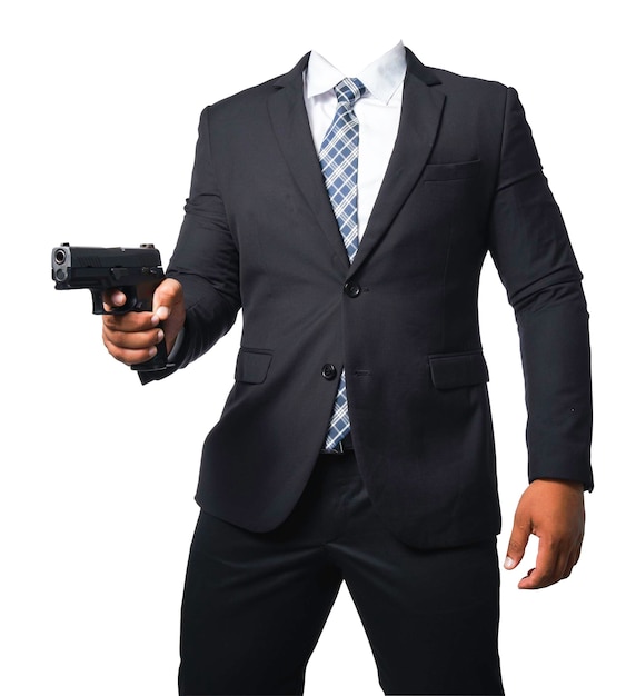 Template of a gunman wearing a black suit and holding a pistol isolated included with clipping path