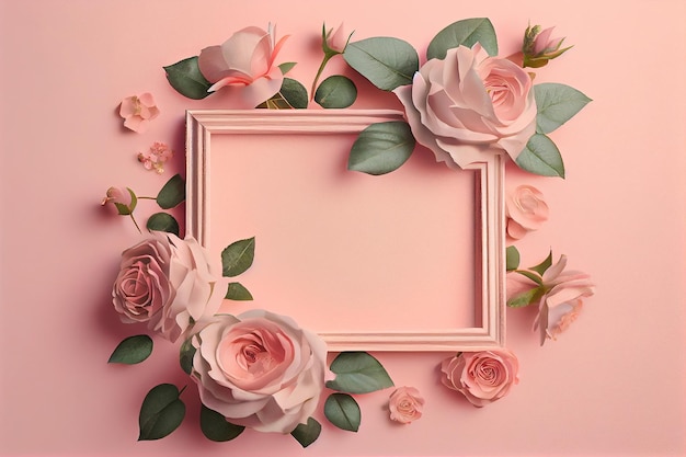 Template for invitation greeting card decorated with pink flowers of roses and rectangular frame Generative Ai