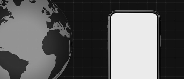Modello, mockup per la schermata delle ultime notizie su tv, video, giornali e riviste online. copyspace per inserire immagine e testo. sfondo nero scuro e globo con schermo dello smartphone.