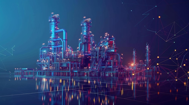 Шаблон для добычи нефти с низкой полипроволочной рамкой баннер иллюстрация многоугольной нефтяной промышленности добыча земли и добыча минеральных ресурсов 3D оборудование нефтеперерабатывающих заводов оборудование
