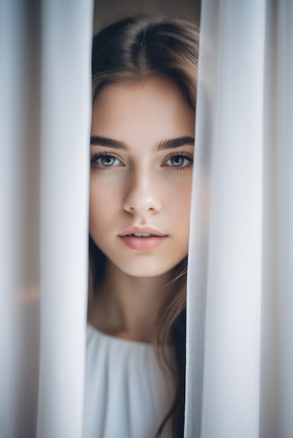 template photo beauty portrait of woman behind the curtain