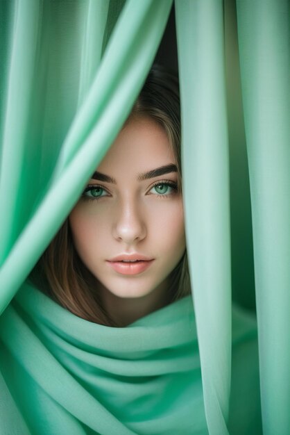 template photo beauty portrait of woman behind the curtain