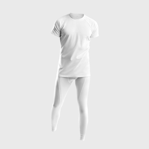 Photo template of white male sportswear men's tshirt tight pants leggings for training isolated on backgro