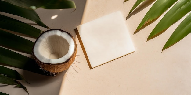 Template with coconuts and tropical palm leaves overlay shadow Summer vacation resort concept